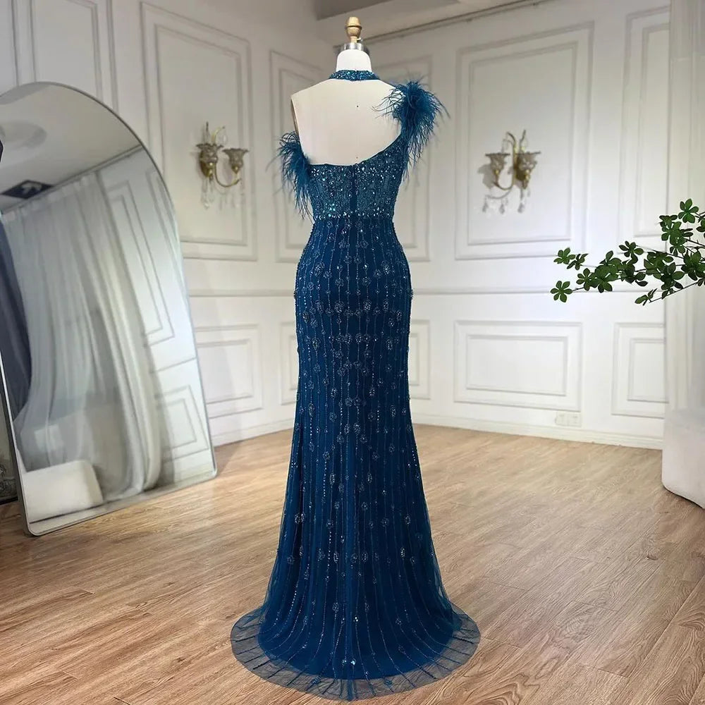 Custom Gray Halter Neck Beaded Mermaid Evening Gown With Feathers