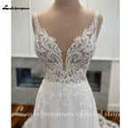 Custom Boho Chiffon Wedding Dress Long Open Back V Neck Lace Appliques Gown