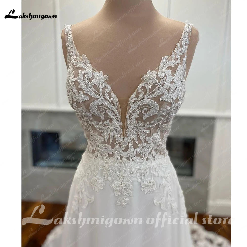 Custom Boho Chiffon Wedding Dress Long Open Back V Neck Lace Appliques Gown