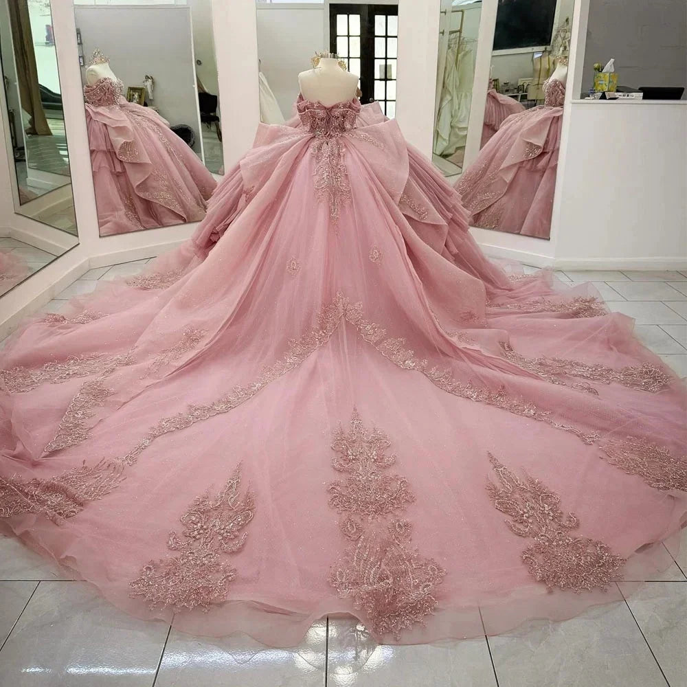 Pink Quinceanera Ball Gown Off Shoulder Beaded Appliques Sweet 16 Mexican Dress
