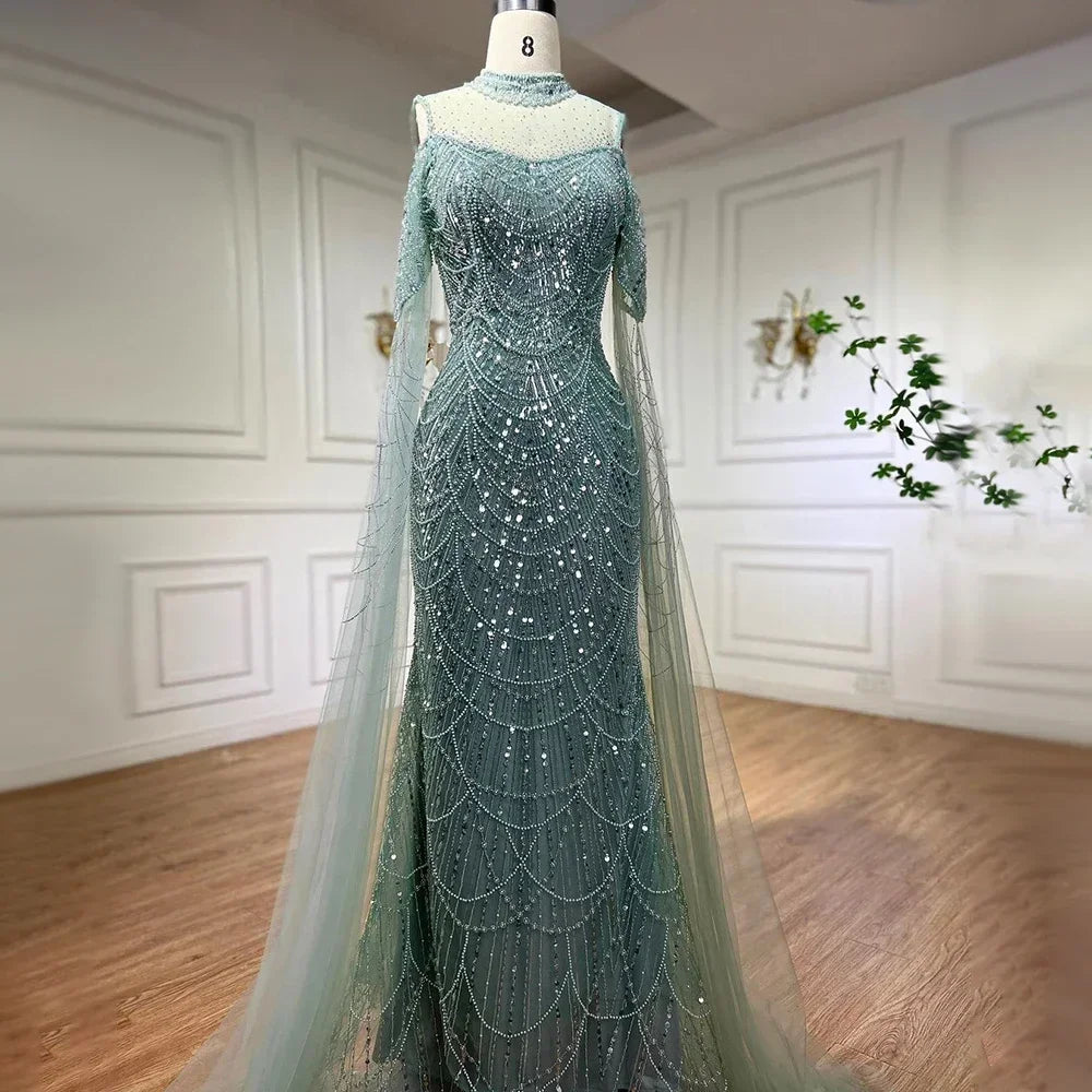 Serene Hill Custom Purple Mermaid Beaded Evening Dress With Cape Sleeves 2025