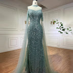 Serene Hill Custom Purple Mermaid Beaded Evening Dress With Cape Sleeves 2025