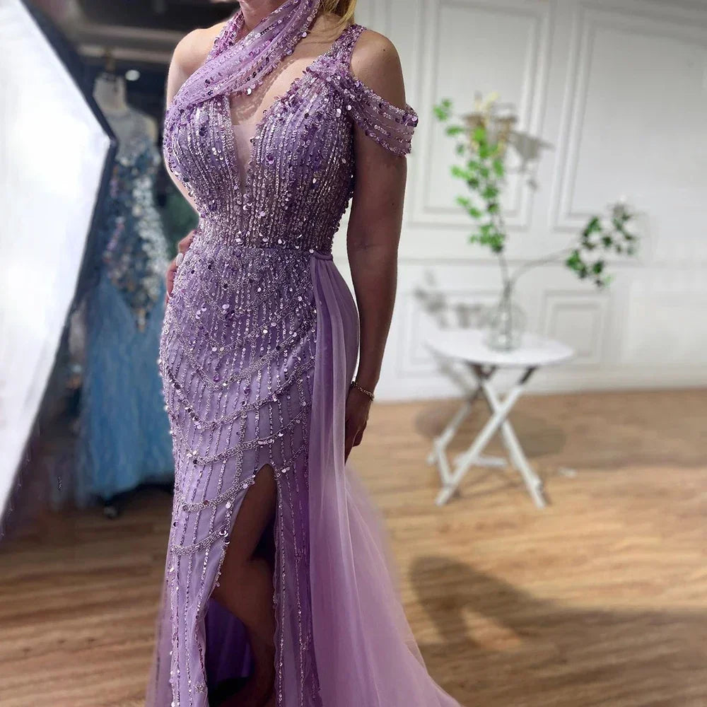 Lilac Halter Mermaid Beaded Formal Evening Dress For Women