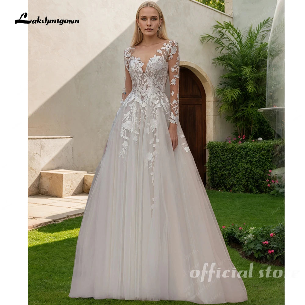 Custom A Line Wedding Dress Tulle Long Sleeve O Neck Applique Bridal Gown