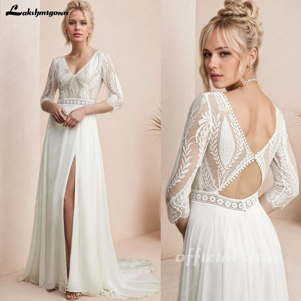 Custom Boho Bridal Gown Long Chiffon Beach Wedding Dress Open Back