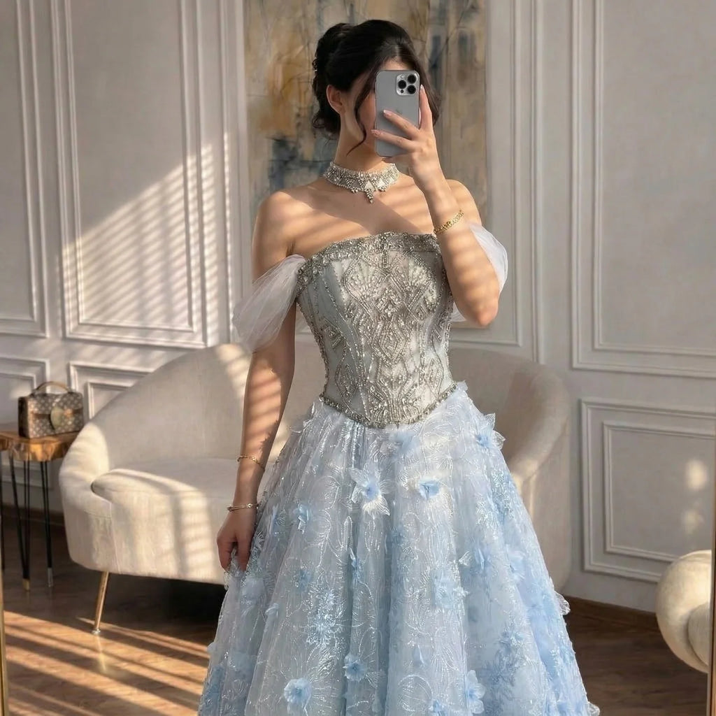 Serene Hill Blue Off Shoulder Evening Dress With Beaded Floral Appliques