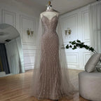 Caramel Mermaid Arabic Evening Dress With Beaded Cape Sleeves For Party