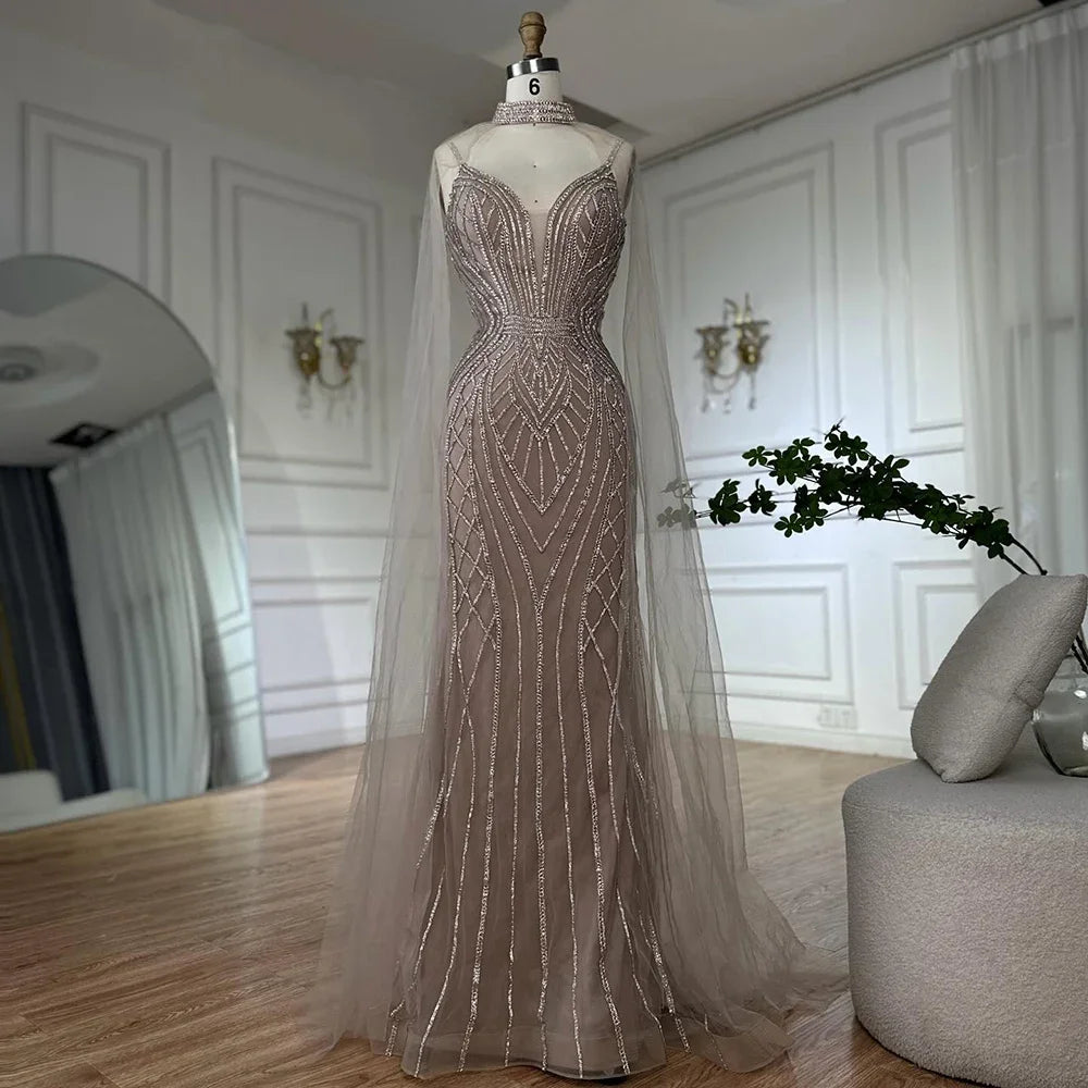 Caramel Mermaid Arabic Evening Dress With Beaded Cape Sleeves For Party