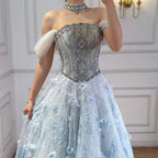 Serene Hill Blue Off Shoulder Evening Dress With Beaded Floral Appliques