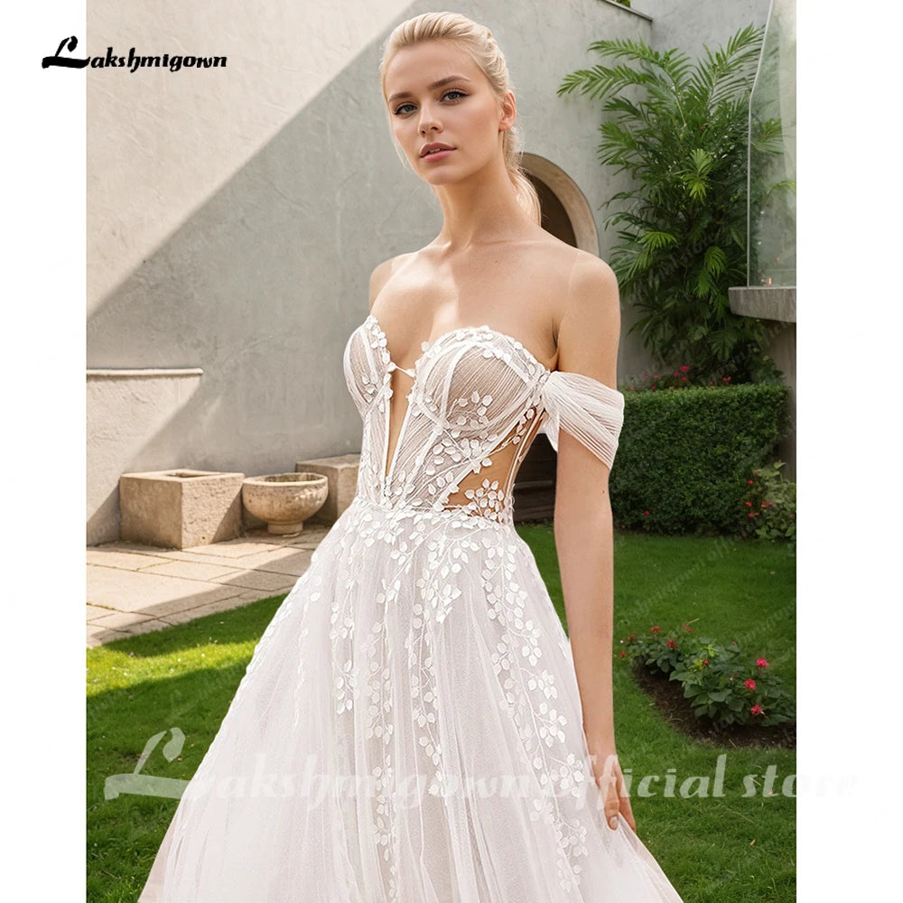 Custom Lace Boho Off Shoulder Wedding Gown With Detachable Sleeves