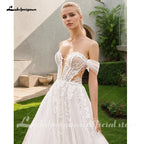 Custom Lace Boho Off Shoulder Wedding Gown With Detachable Sleeves