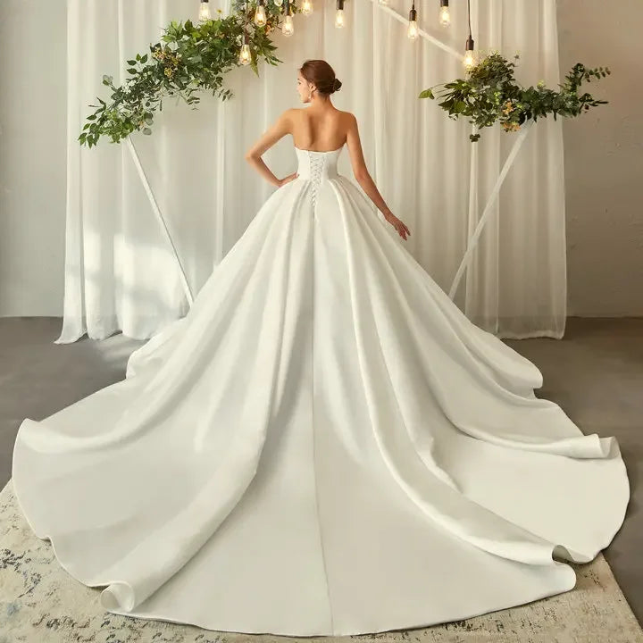 Custom Satin Strapless Wedding Dress Sweetheart Bow Pleat A Line Ball Gown