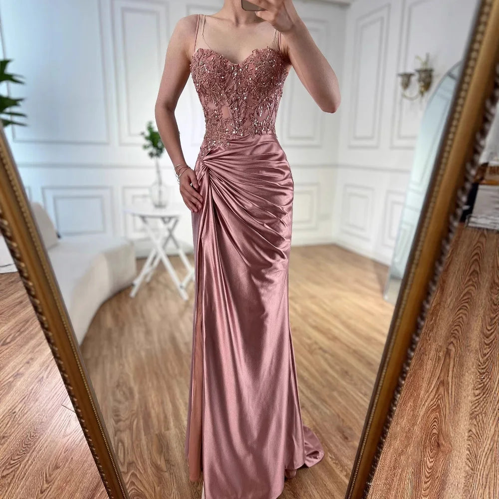 Luxury Sage Green Satin Prom Dress with Slit LA73032