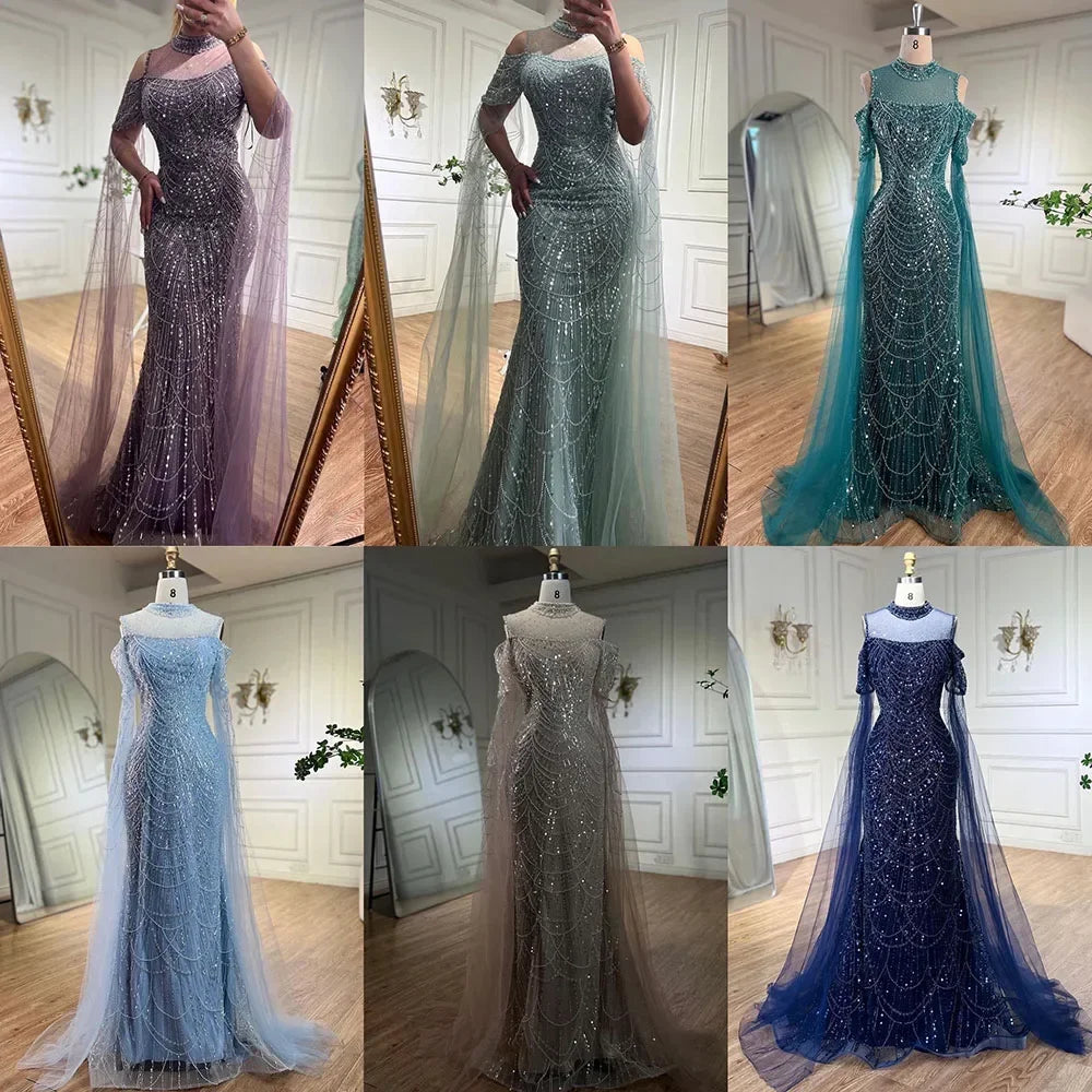 Serene Hill Custom Purple Mermaid Beaded Evening Dress With Cape Sleeves 2025