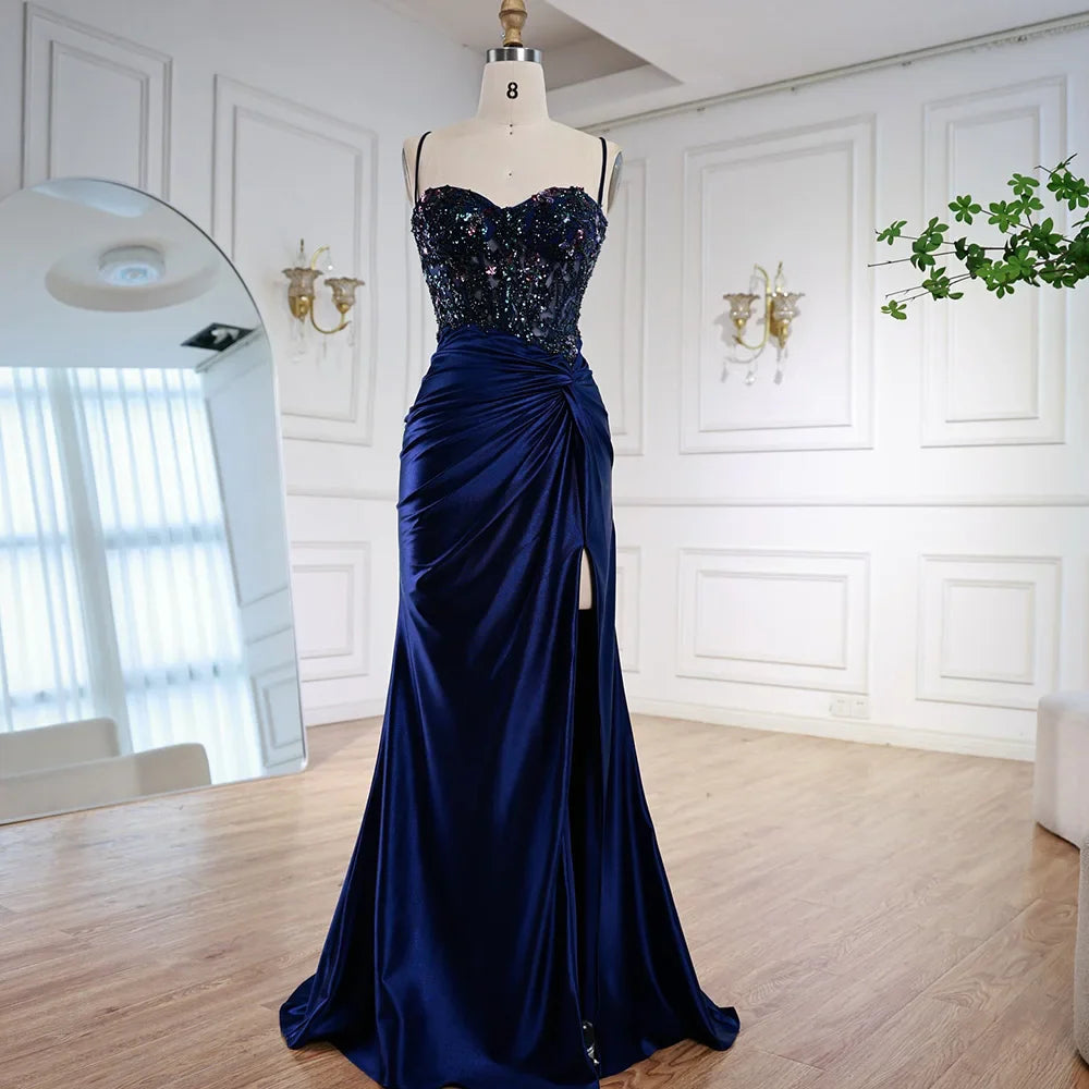 Classy Light Green Satin Prom Dress with Lace and Slit LA73032A