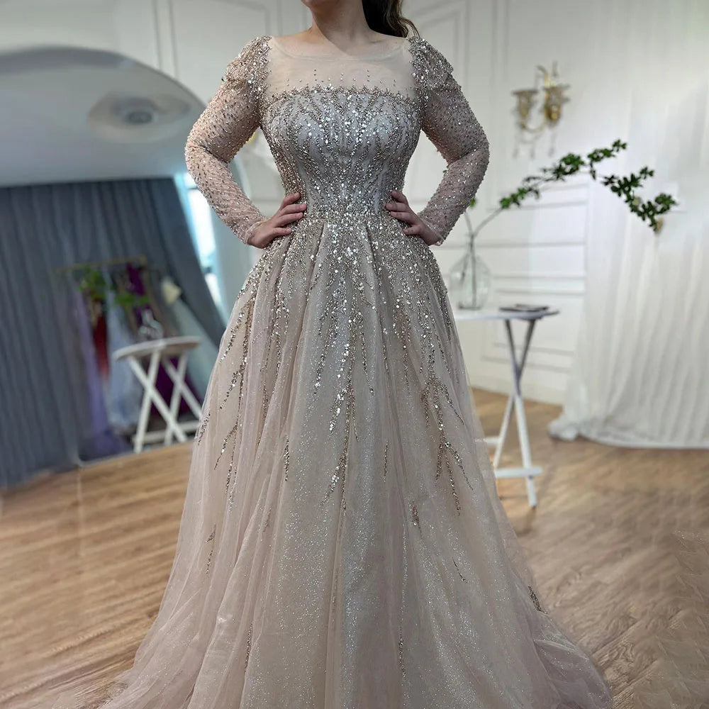 Pink Long Sleeves A Line Beaded Dubai Evening Wedding Party Dress 2025