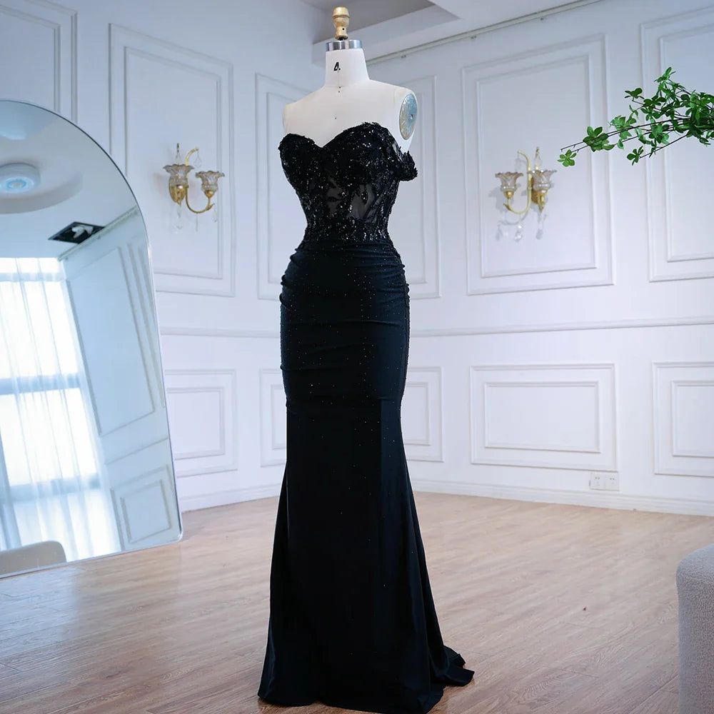 Classy Black Off-Shoulder Lace Prom Dress LA72999