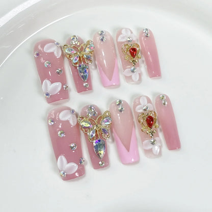 10 uñas postizas de lujo hechas a mano con diseño de ataúd brillante, con degradado marrón, blanco, flor, mariposa, diamante. 