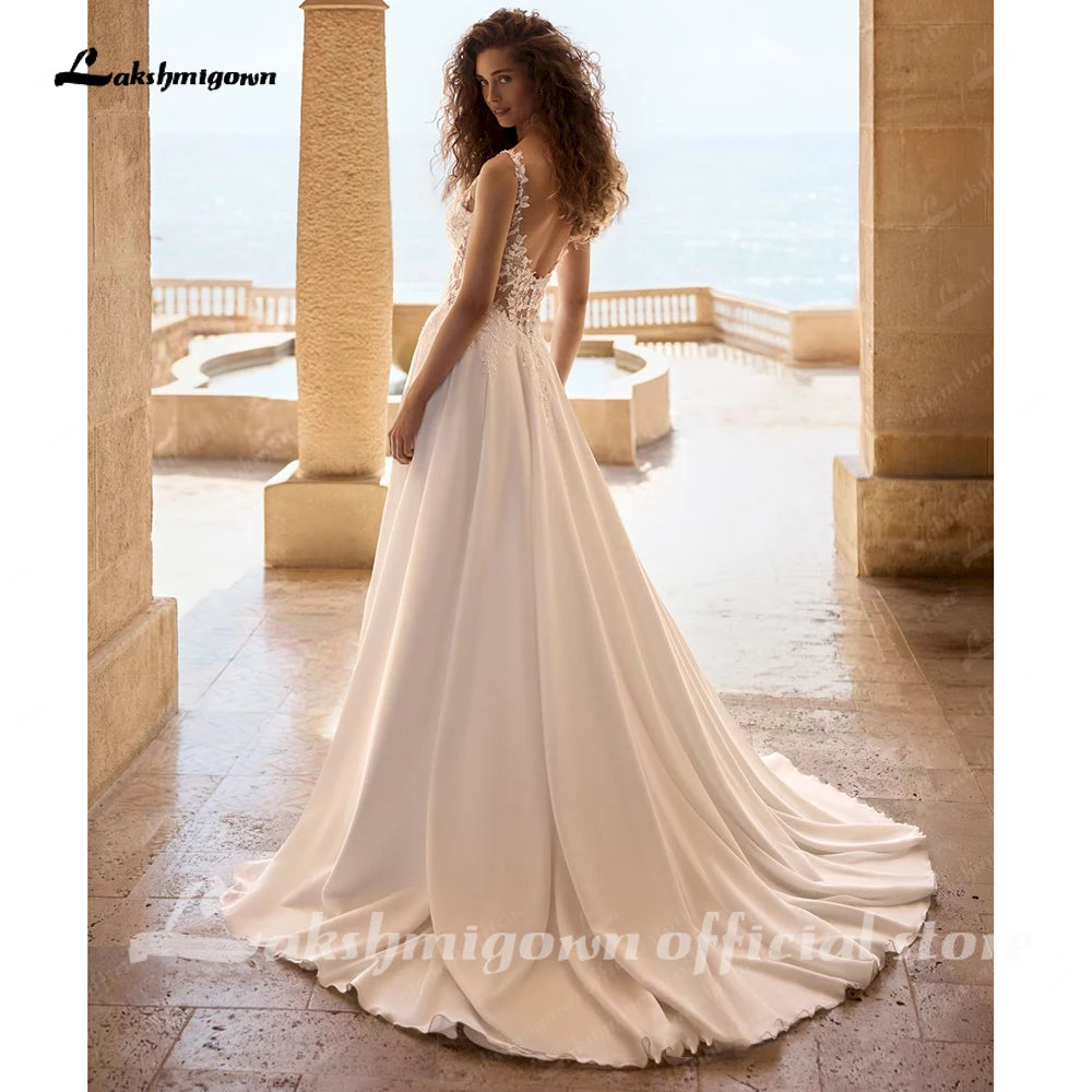 Lakshmigown V Neck Chiffon Beach Wedding Dress Lace A Line Bridal Gown