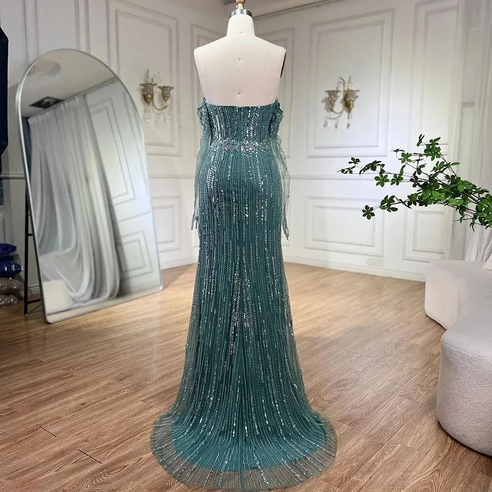 Serene Hill Turquoise Strapless Beaded Mermaid Evening Gown With Gloves