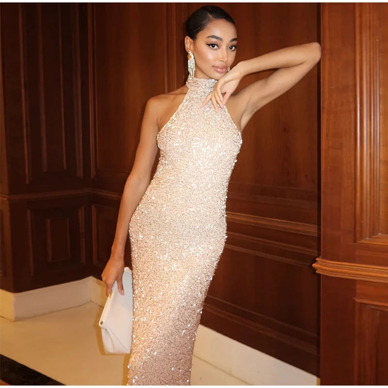 Sexy Halter Backless Long Dress Women Solid Sequin Sleeveless High Waist Slim Fit Dresses 2025 Lady Chic New Evening Party Robes