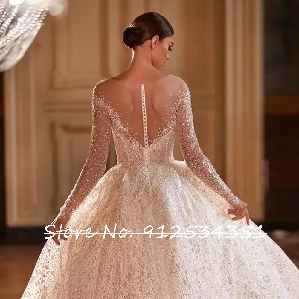 Luxury Long Sleeve Beaded Tulle Ball Gown Wedding Dress Button Back