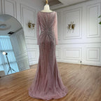 Pink V Neck Long Sleeve Beaded Evening Dress With Detachable Overskirt