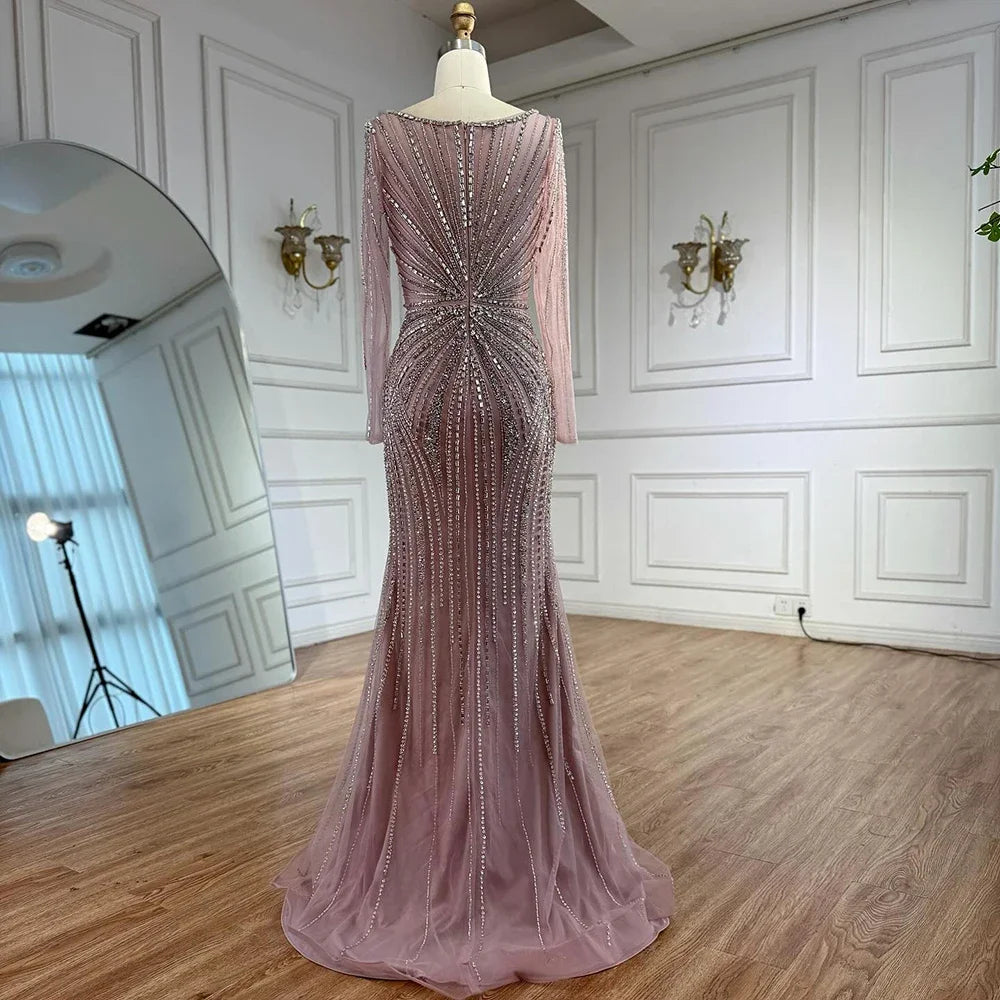 Pink V Neck Long Sleeve Beaded Evening Dress With Detachable Overskirt