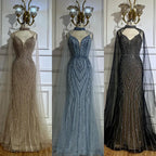 Caramel Mermaid Arabic Evening Dress With Beaded Cape Sleeves For Party