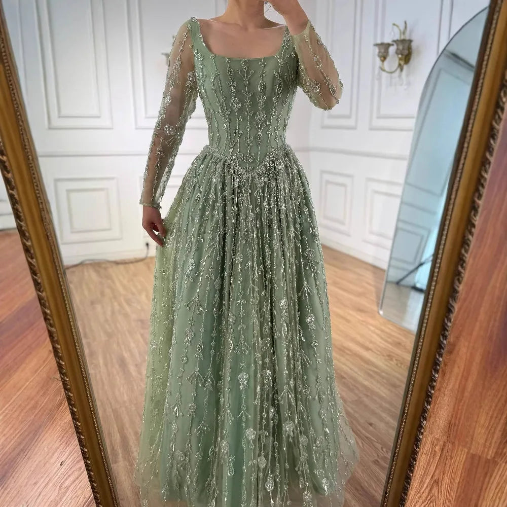 Luxury Sage Green Beaded Evening Dress with Long Sleeves LA72805B