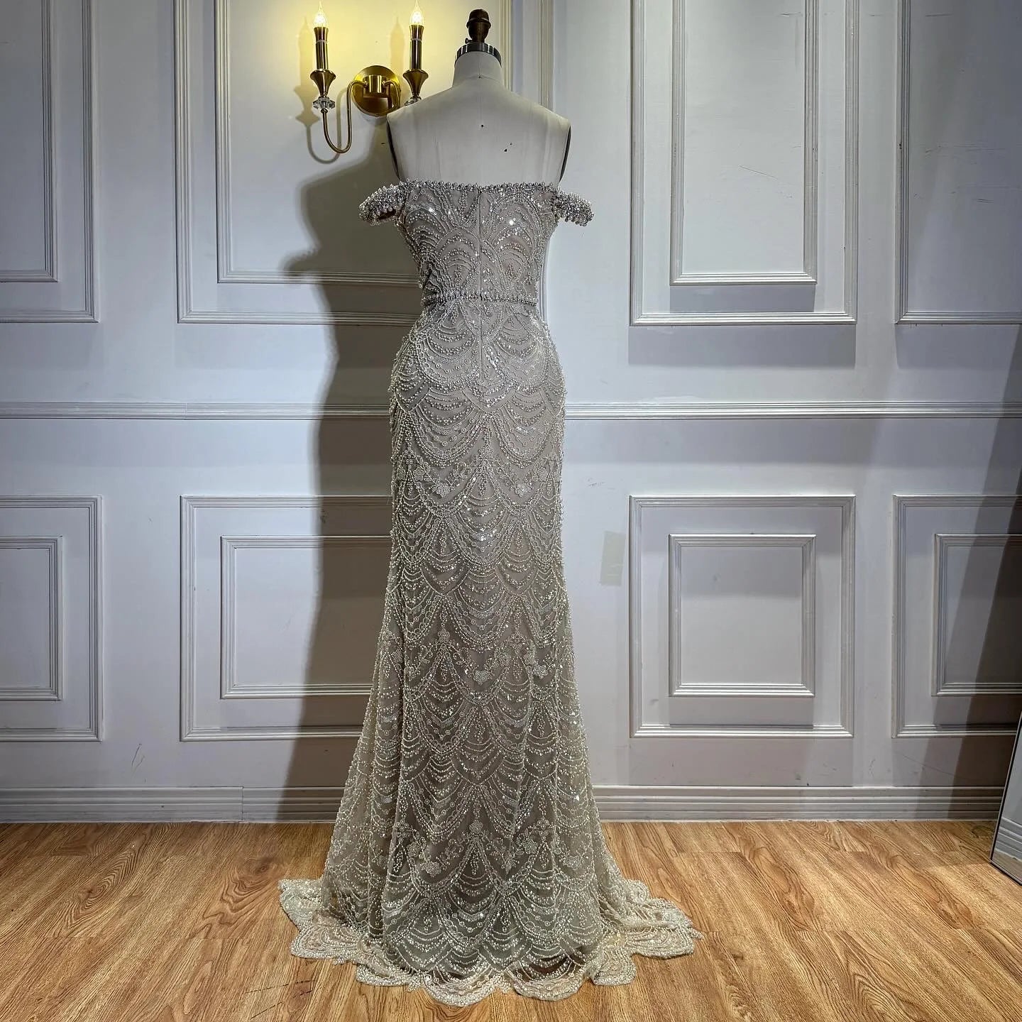 Serene Hill Pearl Beaded Mermaid Off Shoulder Formal Evening Dress
