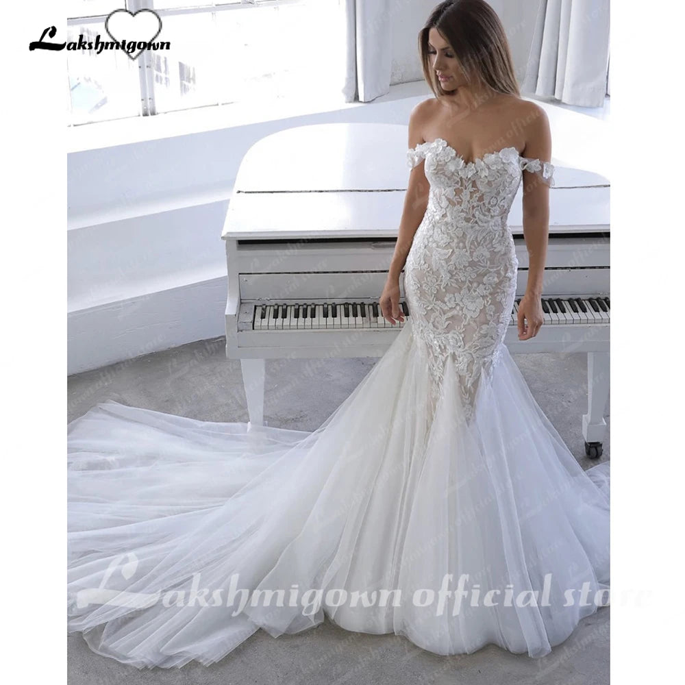 Lakshmigown Custom Off Shoulder Mermaid Wedding Dress Lace Backless Gown