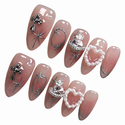10pcs Blush Pink Fake Nail Patches Handmade Pearl Love Heart Press On Nails Planet Cross Designs Detachable Almond