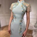 Serene Hill Custom Beaded Satin Mermaid Evening Gown For Formal Events