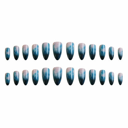 24 uñas postizas ovaladas con degradado azul oscuro, uñas postizas francesas suaves con efecto manchado, uñas artificiales cortas almendradas, fáciles de usar. 