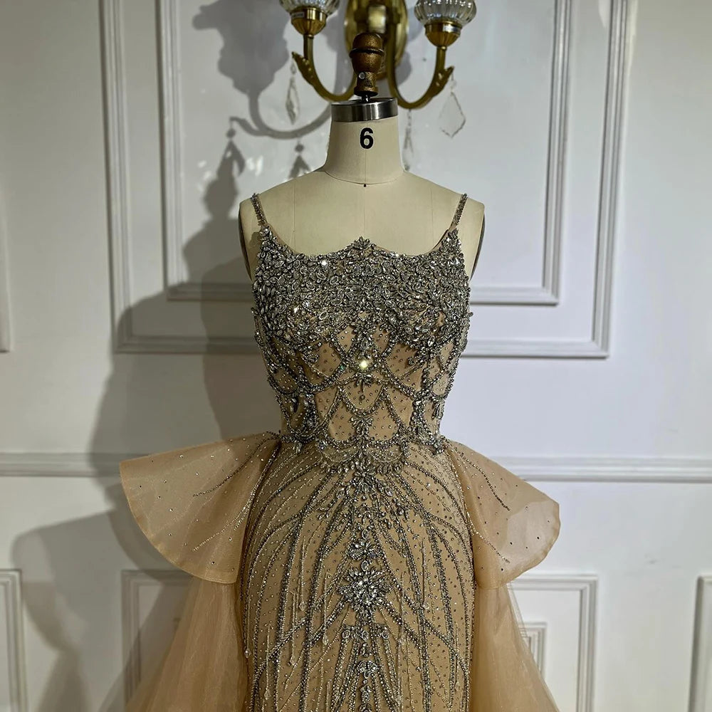 Pink Mermaid Evening Gown For Women With Beaded Spaghetti Strap And Overskirt