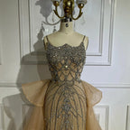 Pink Mermaid Evening Gown For Women With Beaded Spaghetti Strap And Overskirt