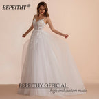 Customized Boho Ivory A Line Lace Wedding Dress Floor Length Bridal Gown