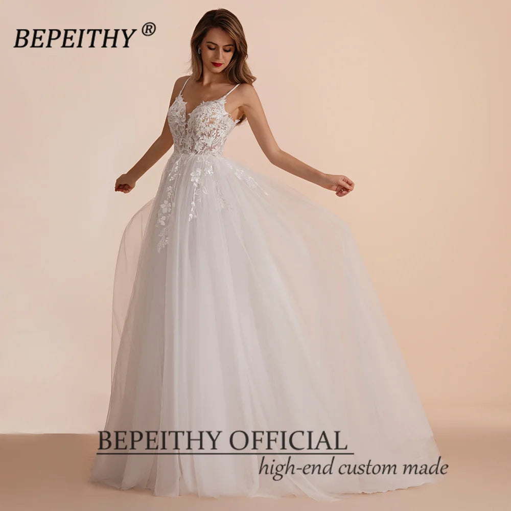 Customized Boho Ivory A Line Lace Wedding Dress Floor Length Bridal Gown