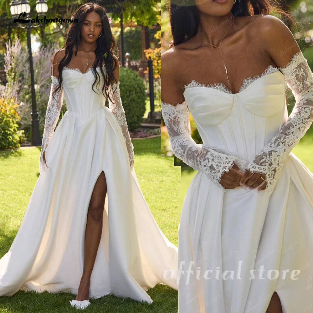 Custom A Line Satin Wedding Dress Off Shoulder Lace Long Sleeve Corset Gown