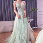 Luxury Sage Green Lace A-Line Prom Dress with Spaghetti Straps LA73005