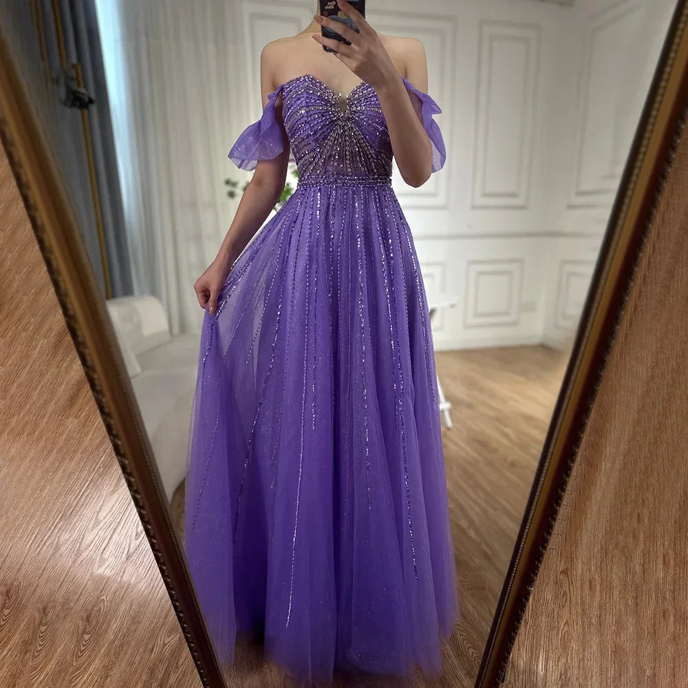 Purple Sleeveless Beaded A Line Evening Prom Dress For Women 2025