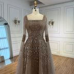 Caramel Beaded A Line Evening Dress With Cape Sleeves Formal Gown For Women
