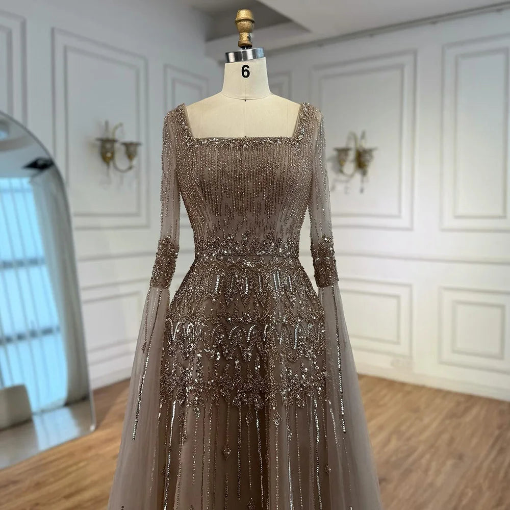 Caramel Beaded A Line Evening Dress With Cape Sleeves Formal Gown For Women