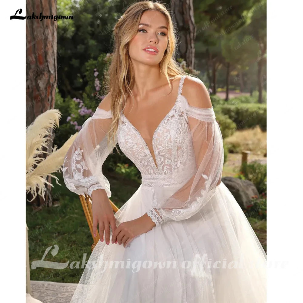 Custom A Line Bohemian Wedding Dress V Neck Puff Sleeve Lace