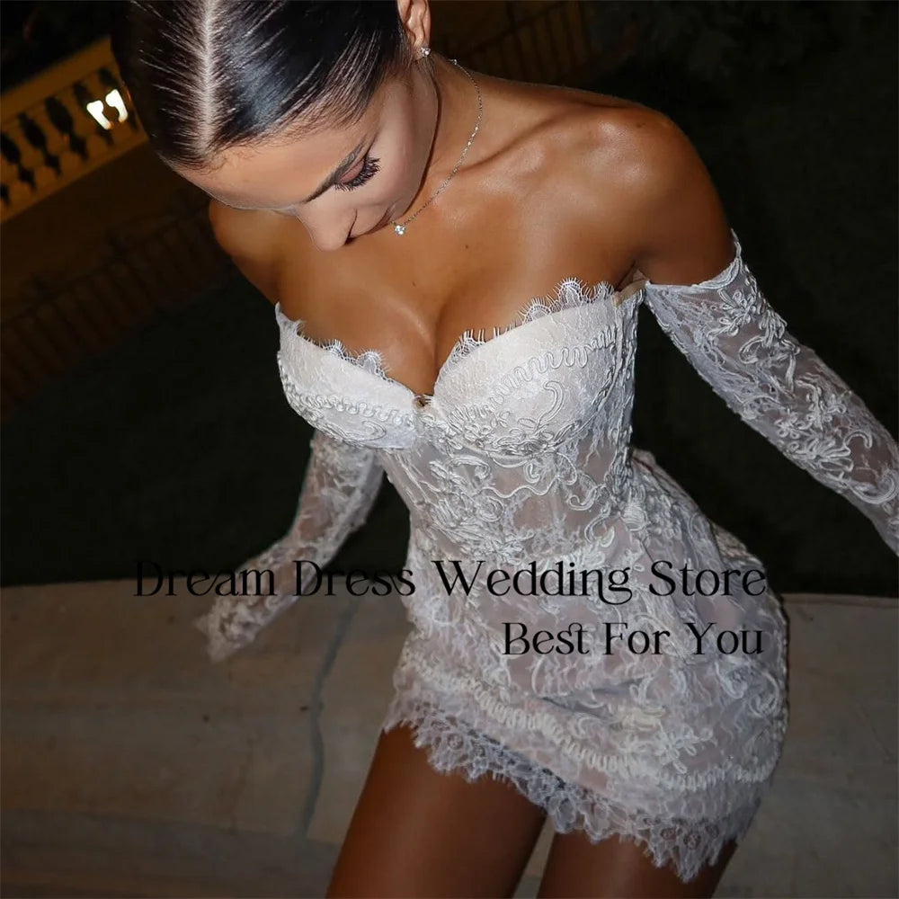 White Lace Sweetheart Sheath Wedding Dress Long Sleeve Off Shoulder Bridal Gown