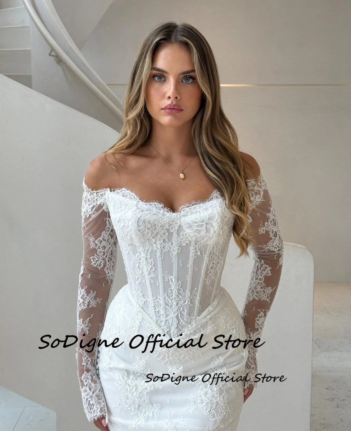 SoDigne Mermaid Lace Wedding Dress With Long Sleeves For Bride