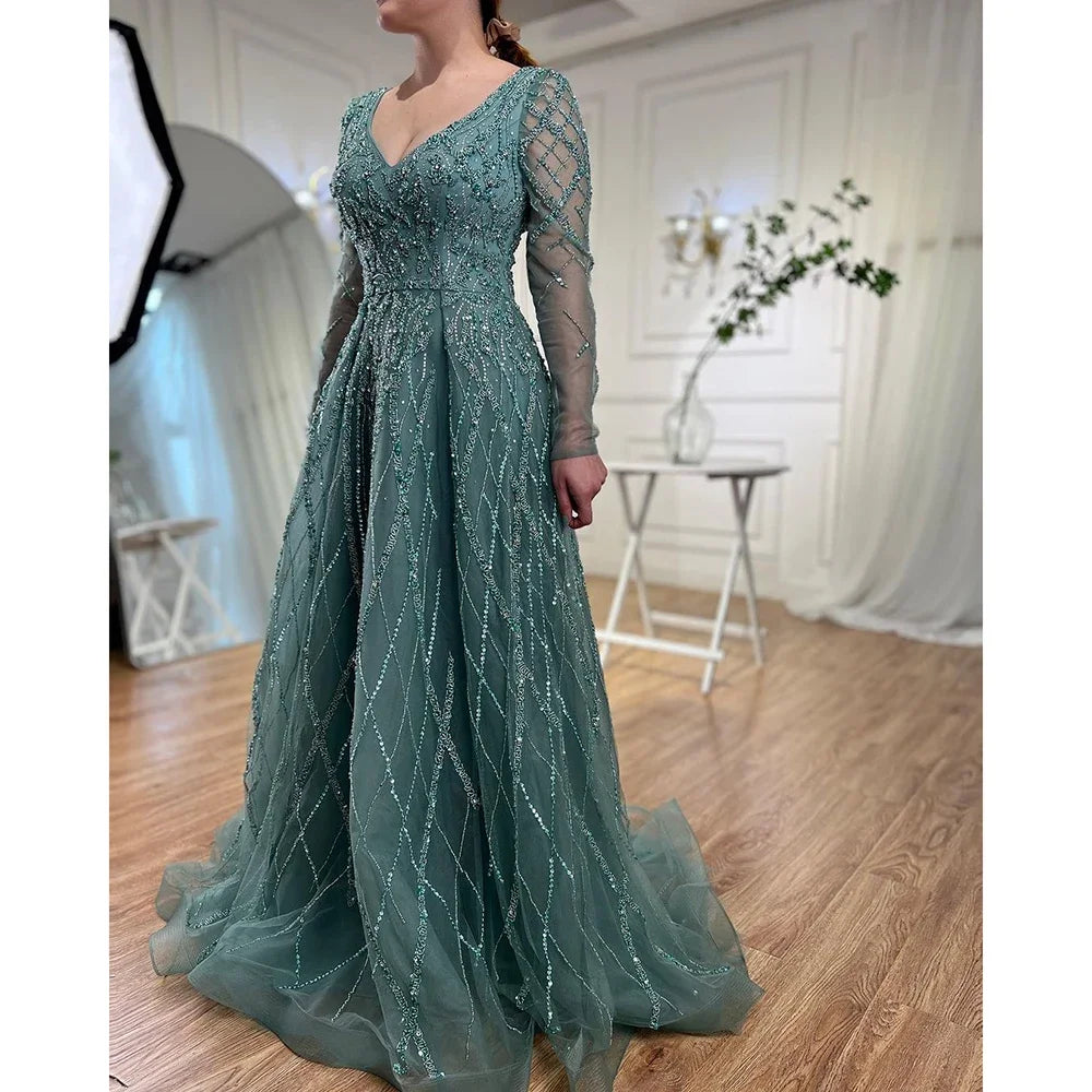 Serene Hill Lilac V Neck A Line Beaded Evening Gown For Women Custom