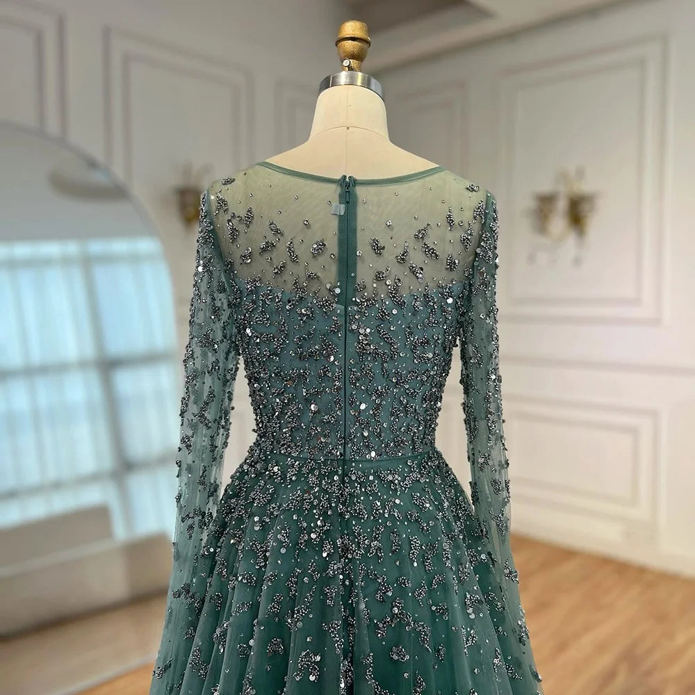 Turquoise A Line Beaded Evening Dress With Cape Sleeves For Women Formal