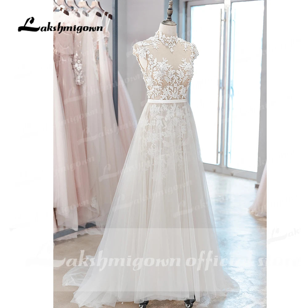 Custom Made Bohemian Wedding Dress Vintage Lace Beaded High Neck Tulle Gown